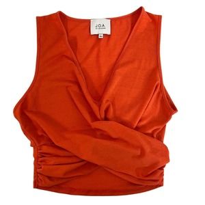 JOA Faux Wrap Top Orange Plunge V-Neck Ruched Stretch L